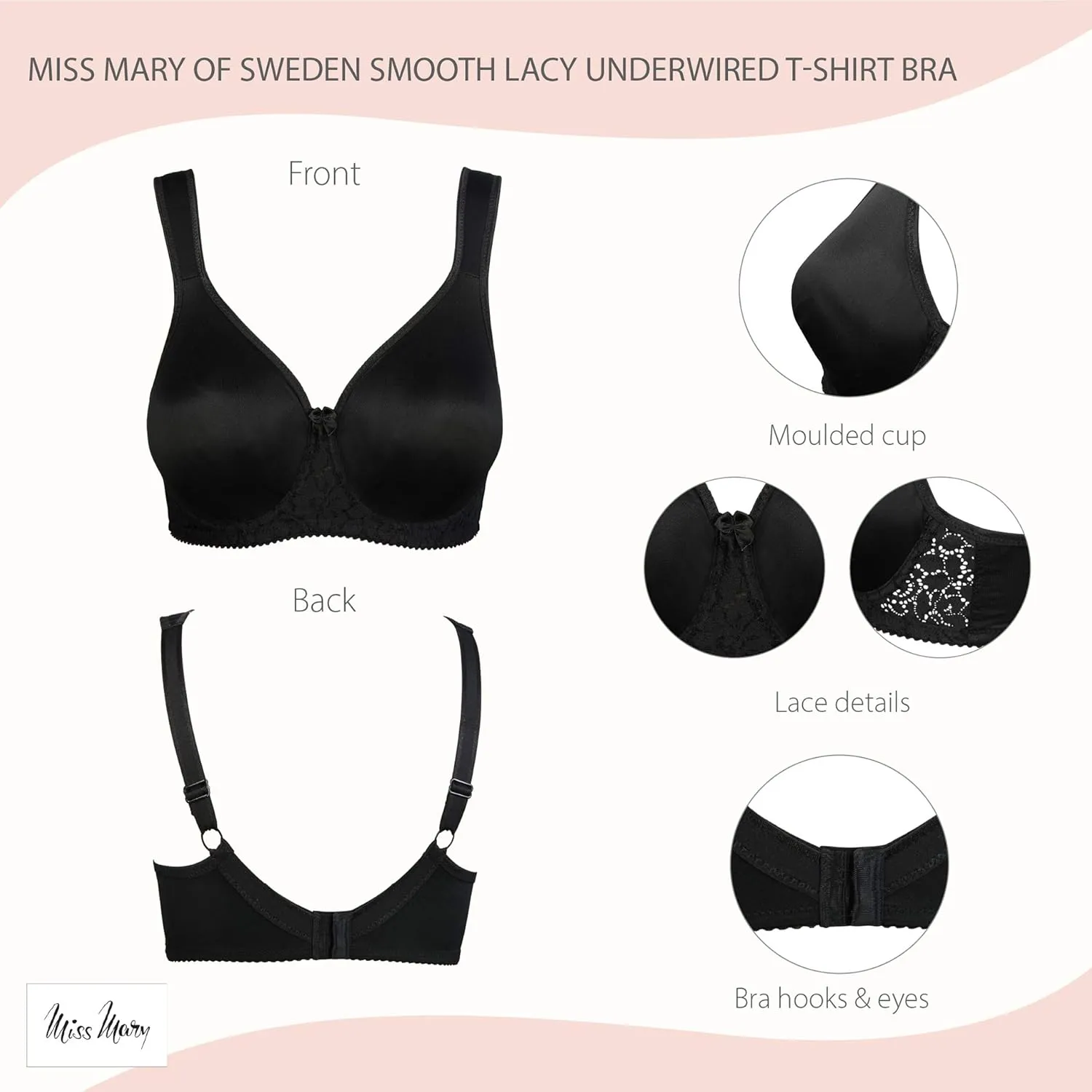 Miss Mary of Sweden Smooth Lacy Womens Moulded Cup Supportive Underwired T-Shirt Bra