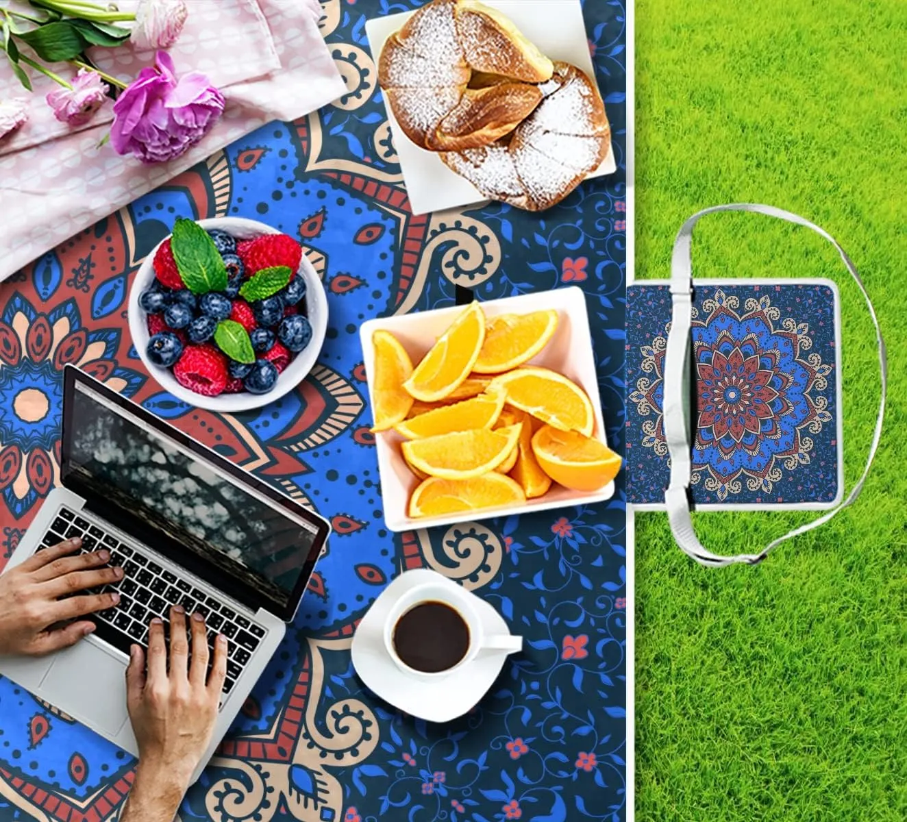 MNSRUU Picnic Blanket Waterproof Foldable, Blue Mandala Islamic Floral Large Outdoor Picnic Blanket Beach Blankets Camping Blanket Travel Mat, Shoulder Strap Tote, Rectangle 57x59in