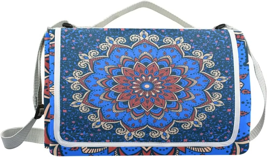 MNSRUU Picnic Blanket Waterproof Foldable, Blue Mandala Islamic Floral Large Outdoor Picnic Blanket Beach Blankets Camping Blanket Travel Mat, Shoulder Strap Tote, Rectangle 57x59in