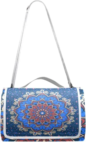 MNSRUU Picnic Blanket Waterproof Foldable, Blue Mandala Islamic Floral Large Outdoor Picnic Blanket Beach Blankets Camping Blanket Travel Mat, Shoulder Strap Tote, Rectangle 57x59in