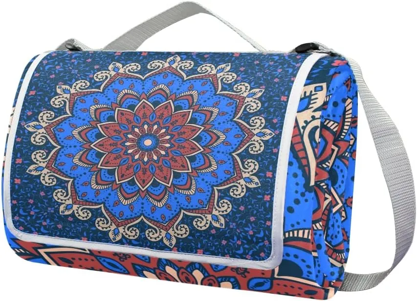 MNSRUU Picnic Blanket Waterproof Foldable, Blue Mandala Islamic Floral Large Outdoor Picnic Blanket Beach Blankets Camping Blanket Travel Mat, Shoulder Strap Tote, Rectangle 57x59in