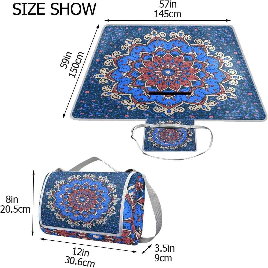 MNSRUU Picnic Blanket Waterproof Foldable, Blue Mandala Islamic Floral Large Outdoor Picnic Blanket Beach Blankets Camping Blanket Travel Mat, Shoulder Strap Tote, Rectangle 57x59in