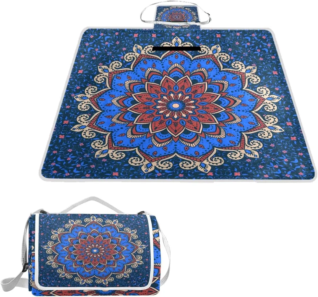 MNSRUU Picnic Blanket Waterproof Foldable, Blue Mandala Islamic Floral Large Outdoor Picnic Blanket Beach Blankets Camping Blanket Travel Mat, Shoulder Strap Tote, Rectangle 57x59in