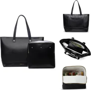 Modern Picnic Vegan Leather Tote Bag for Women, Easily Wipeable, Removable Insulated Pouch For Your Lunch or Snacks, Travel Tote with Luggage Sleeve for Work/Office/Outdoor As Seen on Shark Tank