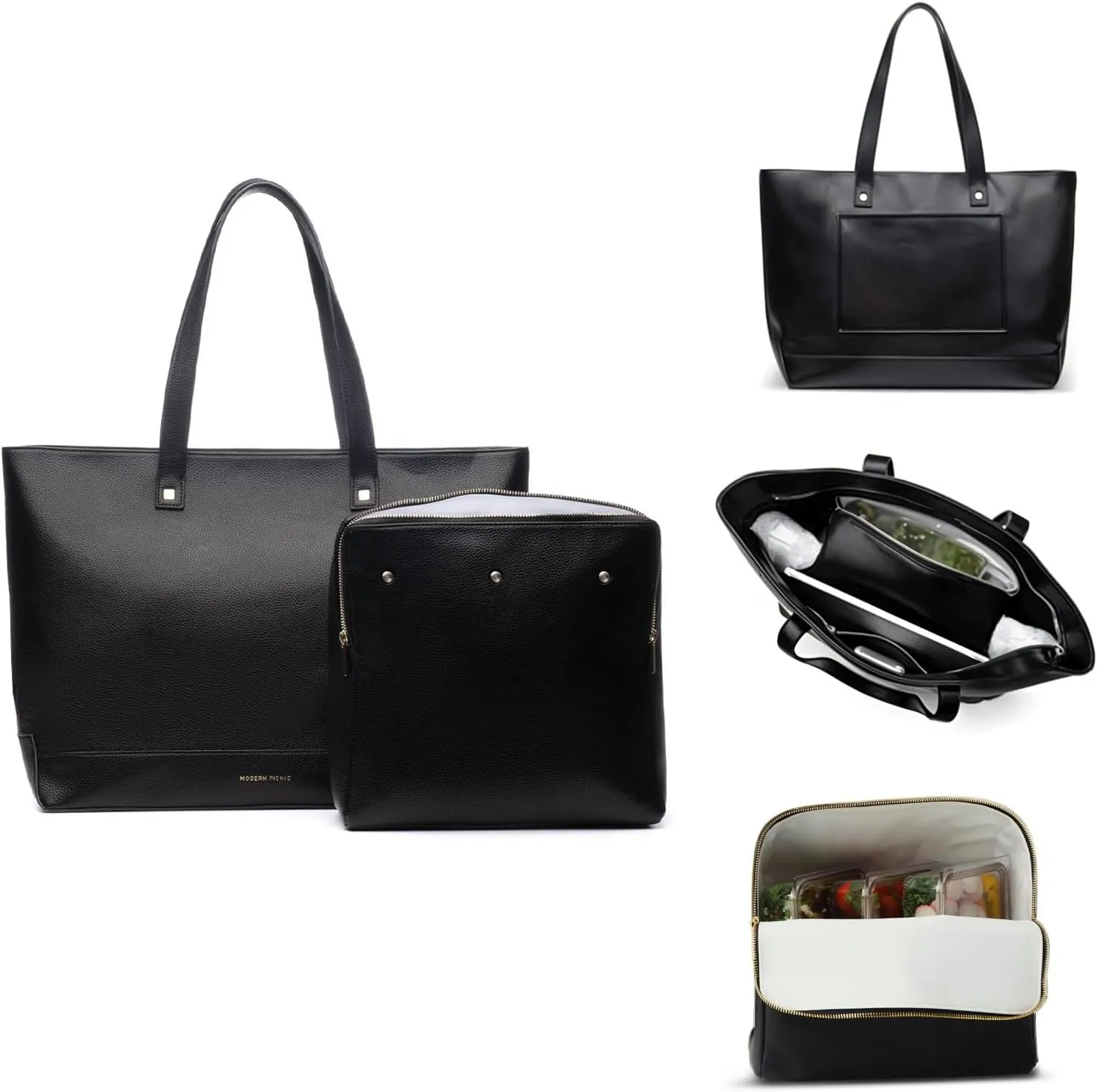 Modern Picnic Vegan Leather Tote Bag for Women, Easily Wipeable, Removable Insulated Pouch For Your Lunch or Snacks, Travel Tote with Luggage Sleeve for Work/Office/Outdoor As Seen on Shark Tank