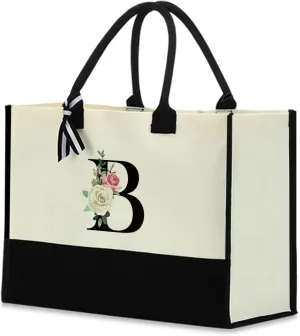 Monogrammed Tote Bags Floral Letter Initial Bag Personalized Beach Bag Monogrammed Gifts for Women Bridesmaids Wedding