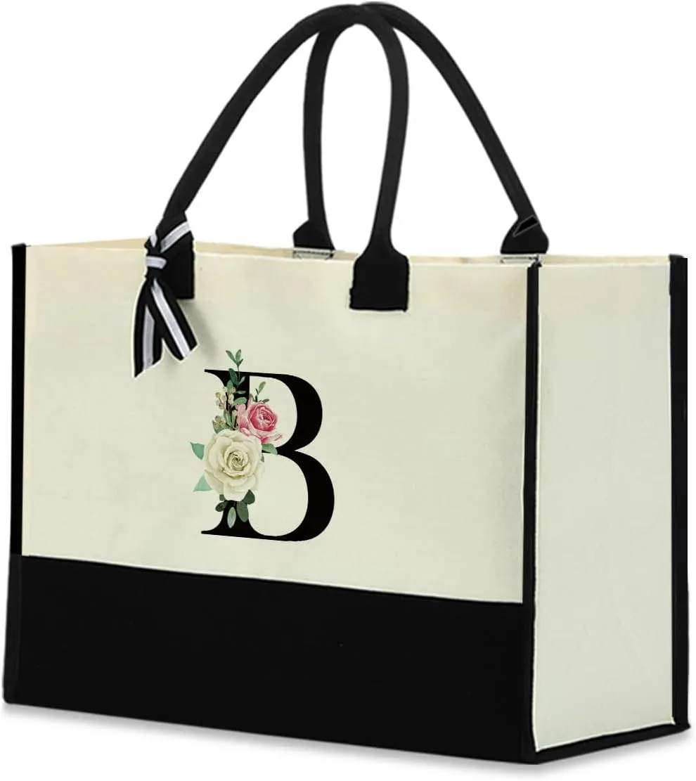 Monogrammed Tote Bags Floral Letter Initial Bag Personalized Beach Bag Monogrammed Gifts for Women Bridesmaids Wedding