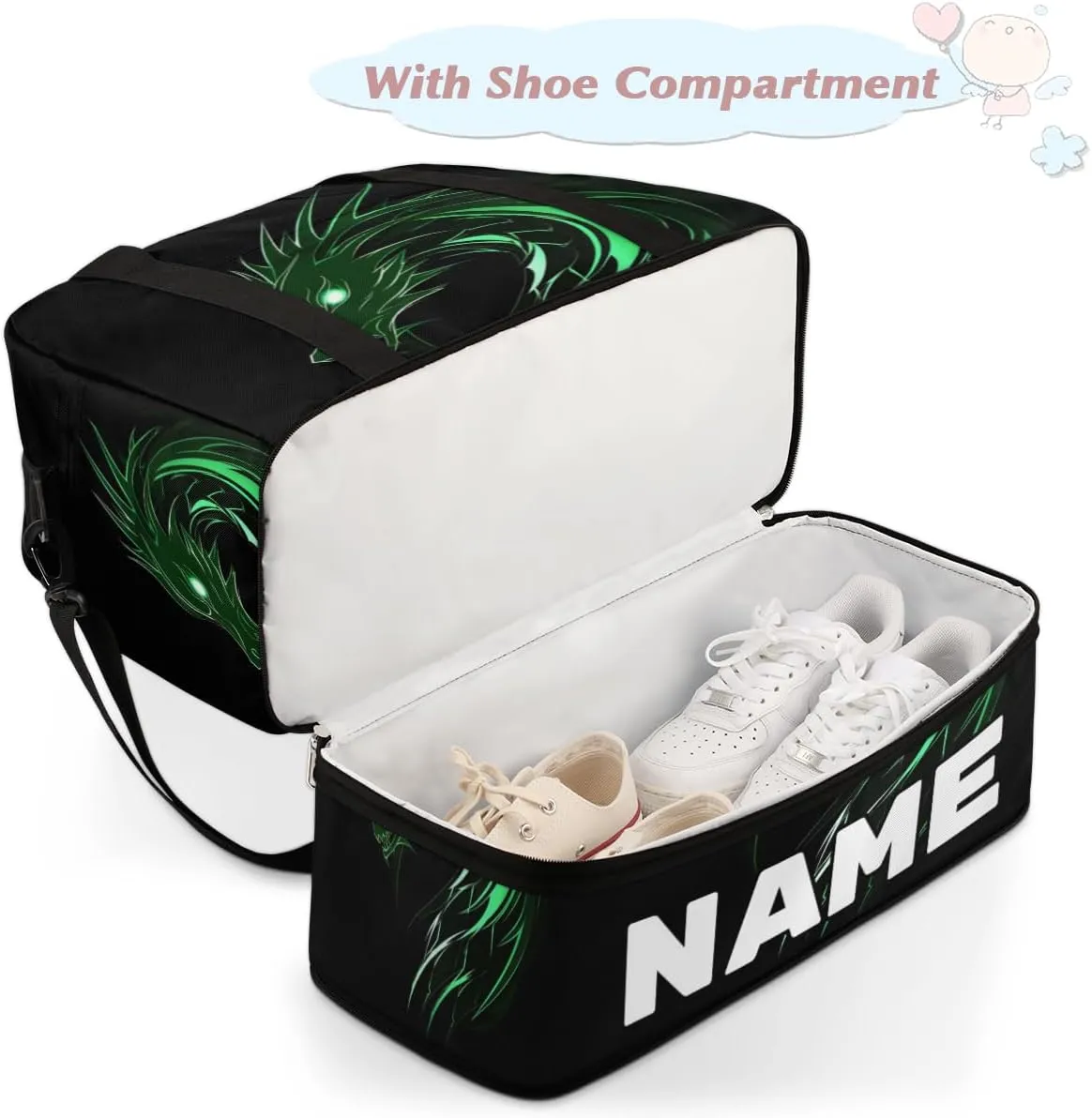 Monster Dragon Custom Foldable Duffle Bag with Shoes Compartment Personalized Large Capacity Waterproof Travel Weekender Bag Overnight Bag for Sports Gym