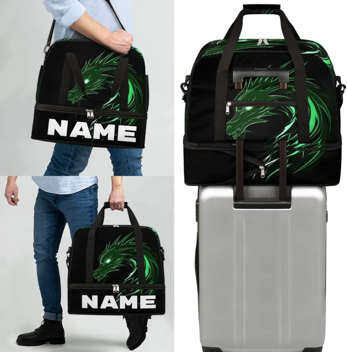Monster Dragon Custom Foldable Duffle Bag with Shoes Compartment Personalized Large Capacity Waterproof Travel Weekender Bag Overnight Bag for Sports Gym