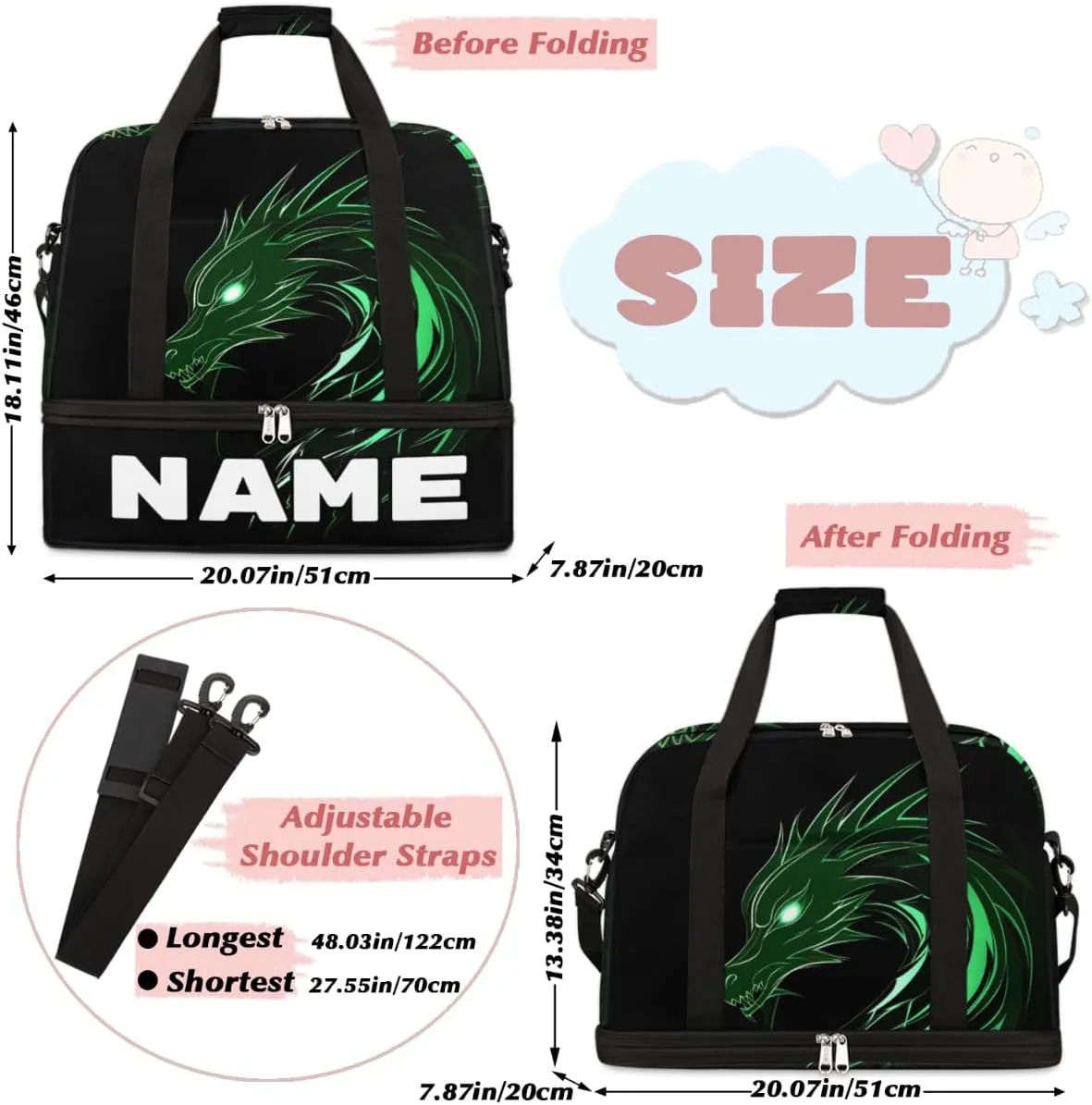 Monster Dragon Custom Foldable Duffle Bag with Shoes Compartment Personalized Large Capacity Waterproof Travel Weekender Bag Overnight Bag for Sports Gym