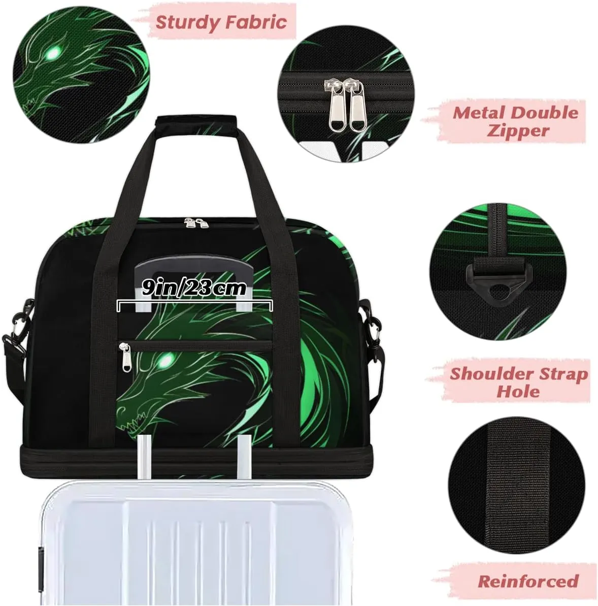Monster Dragon Custom Foldable Duffle Bag with Shoes Compartment Personalized Large Capacity Waterproof Travel Weekender Bag Overnight Bag for Sports Gym