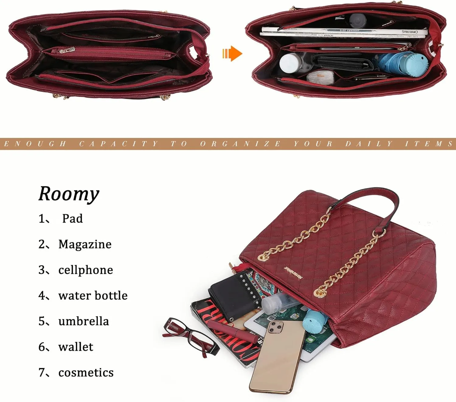 Montana West MEDIUM Tote Bag for Women Quilted Chain Handbags Shoulder Purse
