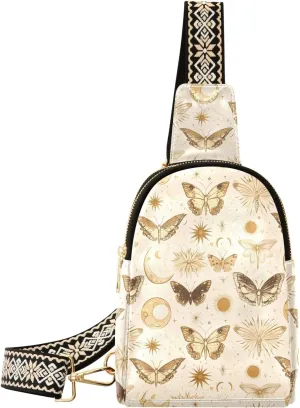 Moon Butterfly Stylish PU Leather Waist Pack Soft Waterproof Crossbody Bag with Metal Hardware Fits Keys Phone Passport for Work Walks Music Fests & Trips