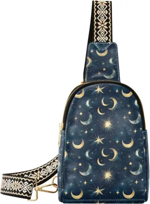 Moon Star Black Mini Crossbody Bag with Full-Print PU Leather Fashion Waist Pack with Adjustable Strap & Card Holder Great for Hiking Fishing Beach Travel & More