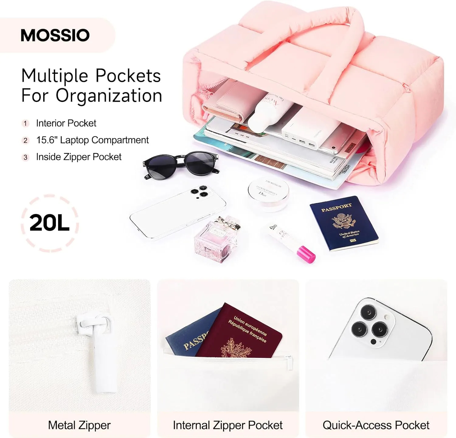 Mossio Travel Puffer Tote Bag for Women - Large Quilted Shoulder Bag Handbag Puffy Weekender Overnight Bag for Shop Work Gym