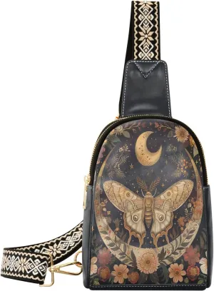 Moth Butterfly Moon Compact Fashion Daypack Full-Print PU Leather Crossbody Bag with Card Pocket & Adjustable Strap for Women on the Go Festivals Travel & Hikes