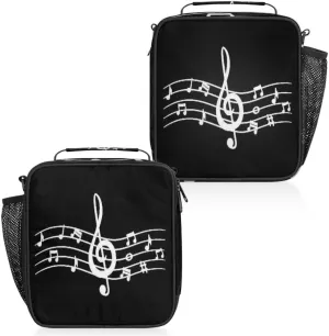 Music Notes Insulated Lunch Bag Reusable Waterproofing Lunch Box with Shoulder Strap Handle and Water Bottle Net Bag for Travel Camping Beach Picnic