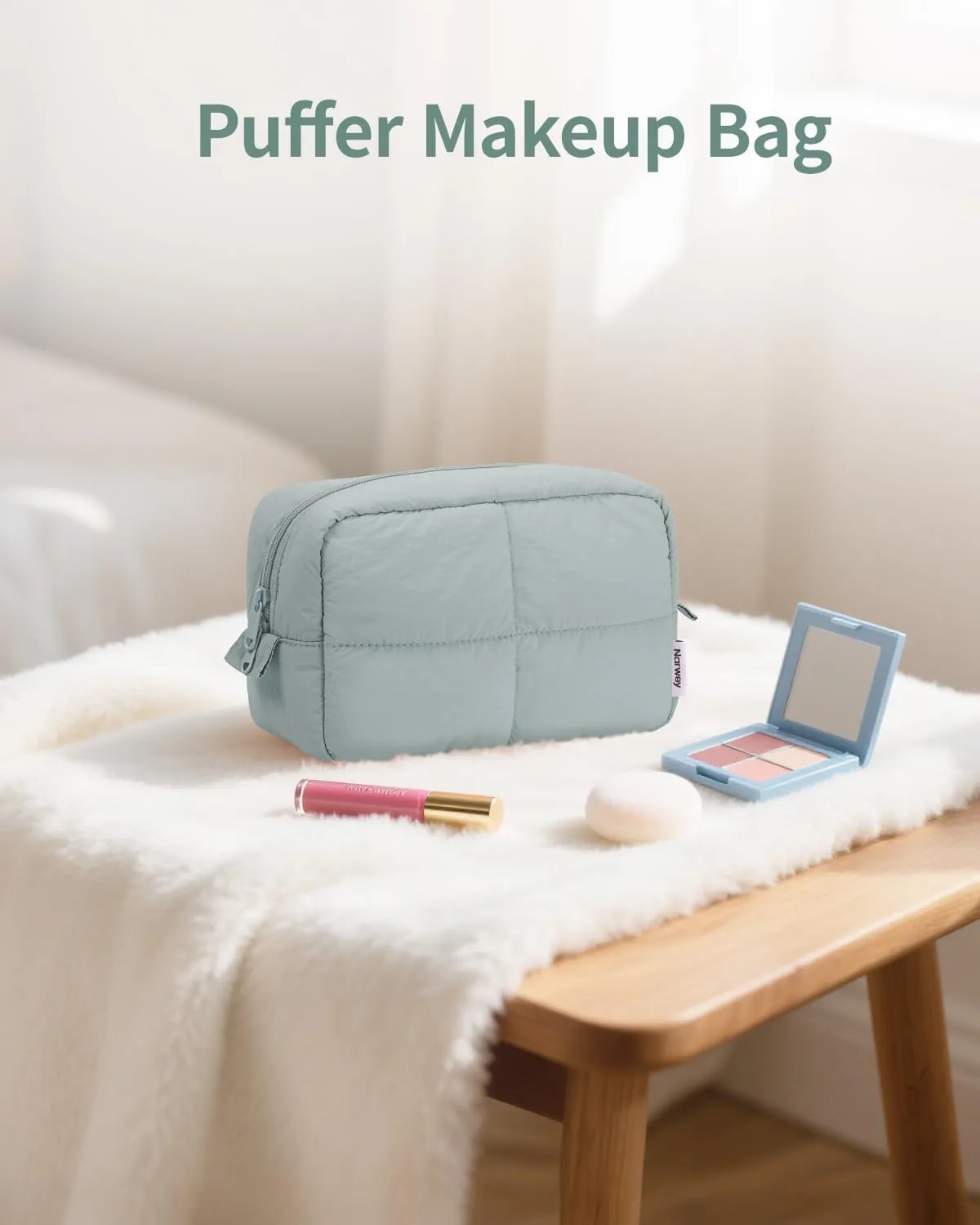 Narwey Puffy Makeup Bag for Travel Women Girl, Quilted Makeup Bag Cosmetic Bag, Cute Puffer Make Up Organizer Bags, Travel Toiletry Bag Toiletries (Sage Green)