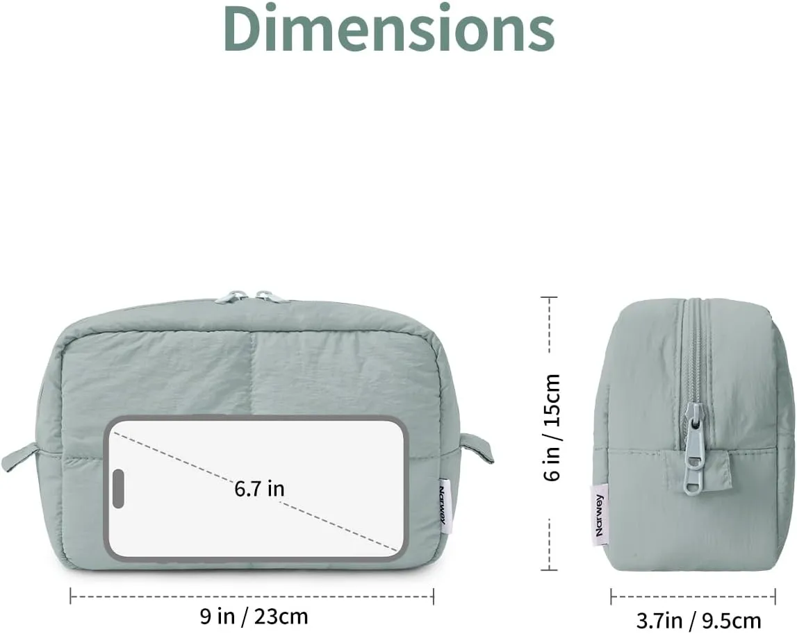 Narwey Puffy Makeup Bag for Travel Women Girl, Quilted Makeup Bag Cosmetic Bag, Cute Puffer Make Up Organizer Bags, Travel Toiletry Bag Toiletries (Sage Green)