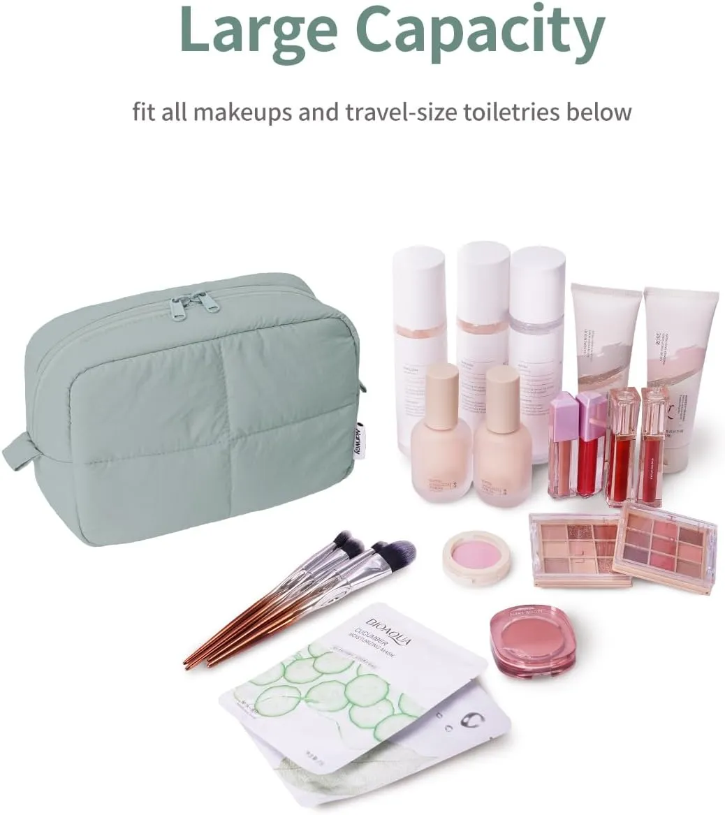 Narwey Puffy Makeup Bag for Travel Women Girl, Quilted Makeup Bag Cosmetic Bag, Cute Puffer Make Up Organizer Bags, Travel Toiletry Bag Toiletries (Sage Green)