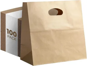 Natural Brown Kraft Paper Bags with Reinforced Handles - Sturdy Die Cut Tote Bag for Baby Shower, Gift, Food Service, Shopping, Small Business, Takeout, Bakery, Restaurants - 11" x 6" x 11", 100 Pack