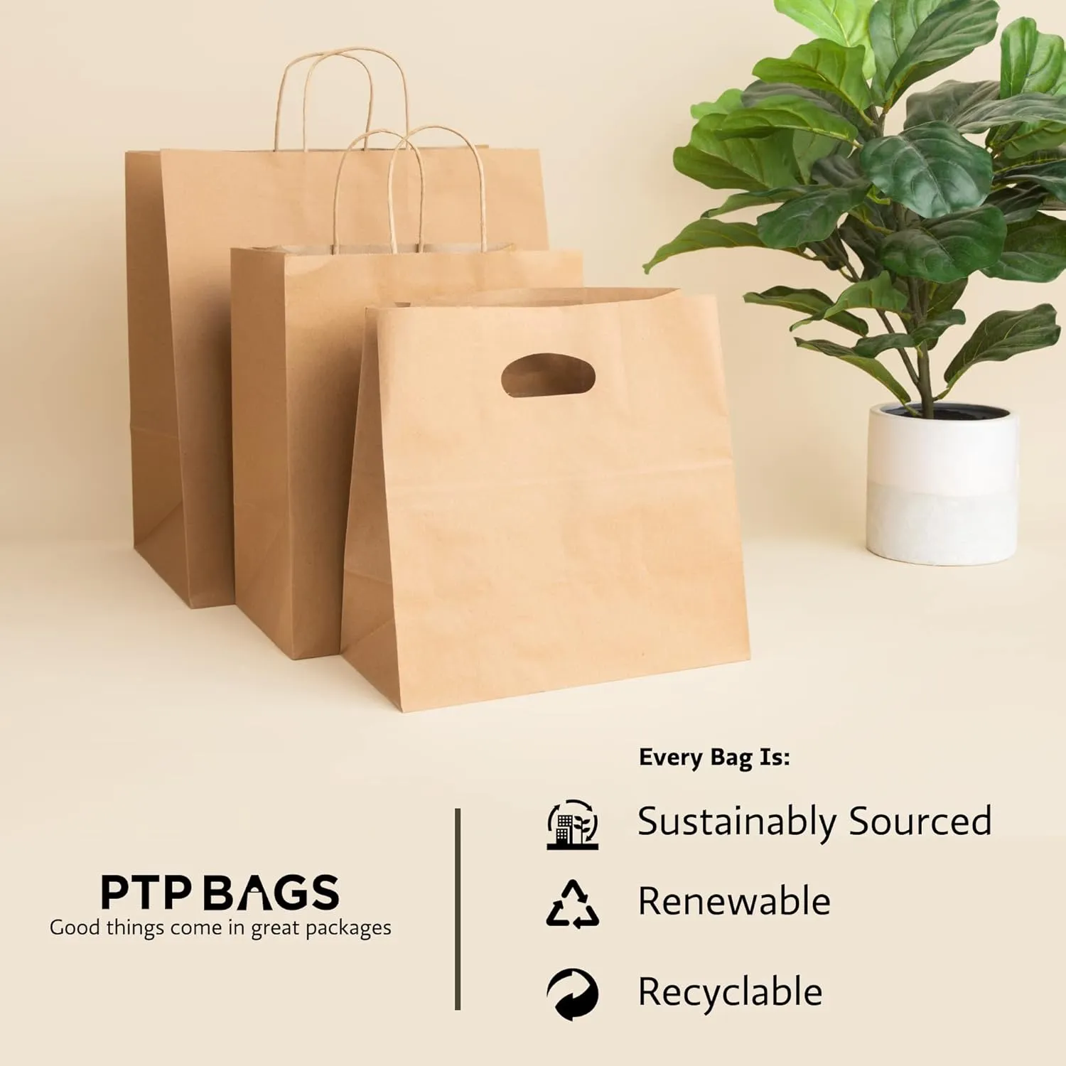Natural Brown Kraft Paper Bags with Reinforced Handles - Sturdy Die Cut Tote Bag for Baby Shower, Gift, Food Service, Shopping, Small Business, Takeout, Bakery, Restaurants - 11" x 6" x 11", 100 Pack