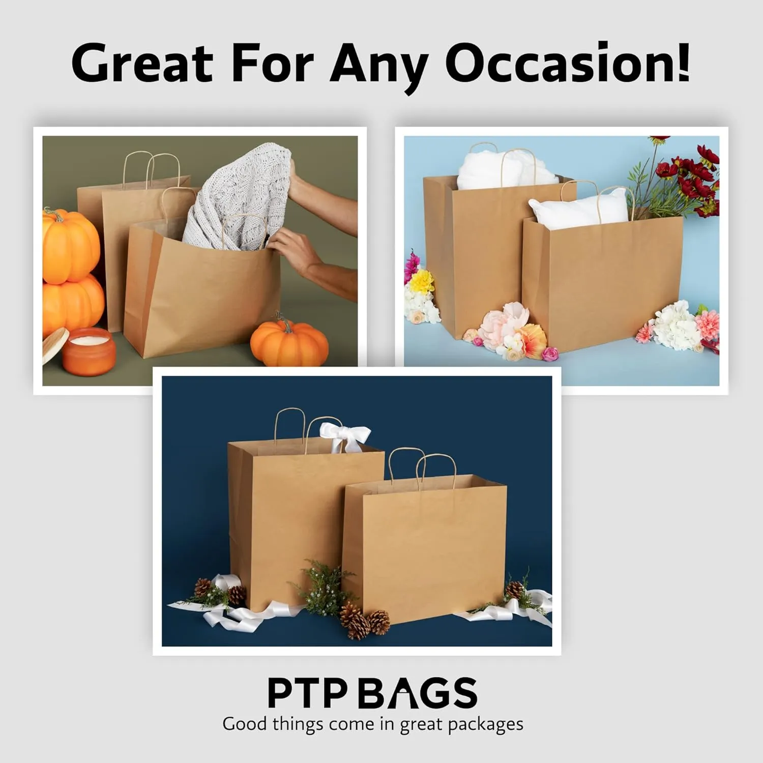 Natural Brown Kraft Paper Bags with Reinforced Handles - Sturdy Die Cut Tote Bag for Baby Shower, Gift, Food Service, Shopping, Small Business, Takeout, Bakery, Restaurants - 11" x 6" x 11", 100 Pack
