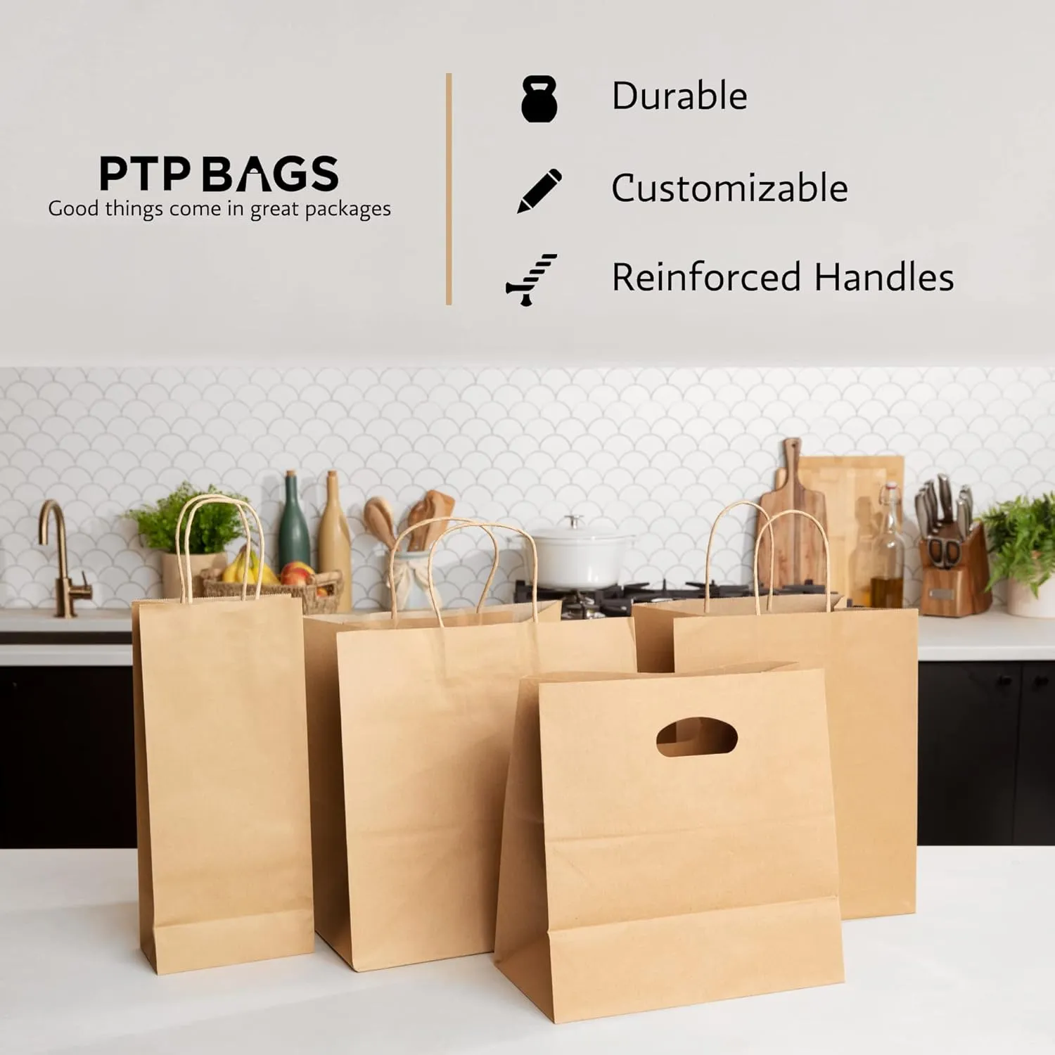 Natural Brown Kraft Paper Bags with Reinforced Handles - Sturdy Die Cut Tote Bag for Baby Shower, Gift, Food Service, Shopping, Small Business, Takeout, Bakery, Restaurants - 11" x 6" x 11", 100 Pack