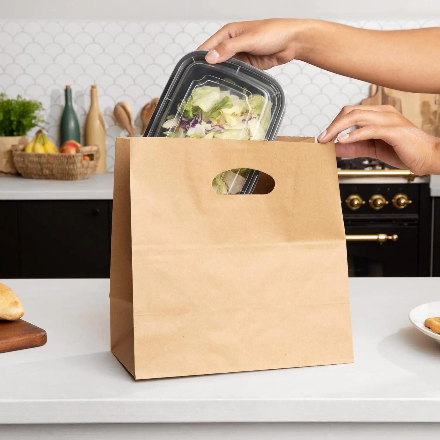 Natural Brown Kraft Paper Bags with Reinforced Handles - Sturdy Die Cut Tote Bag for Baby Shower, Gift, Food Service, Shopping, Small Business, Takeout, Bakery, Restaurants - 11" x 6" x 11", 100 Pack