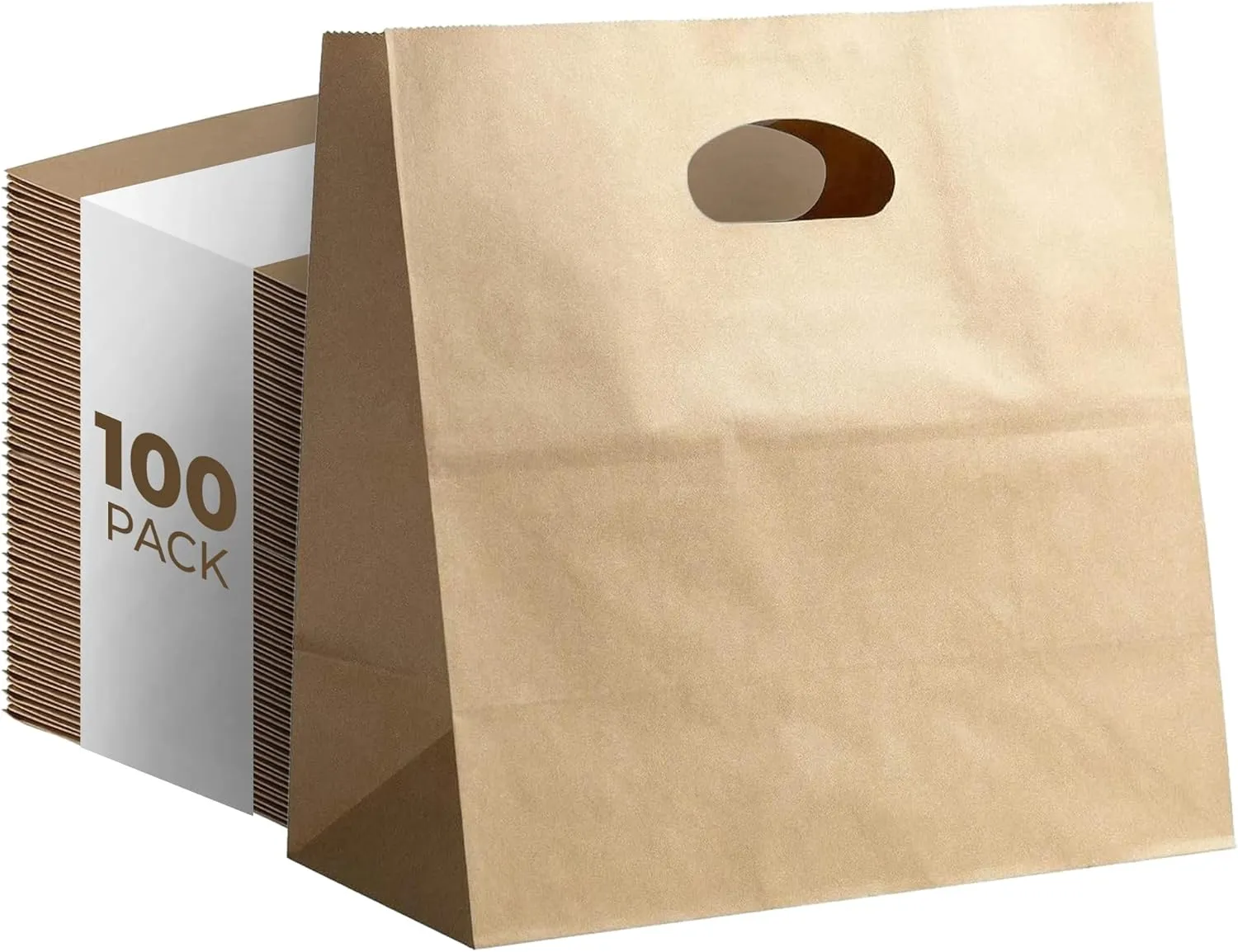 Natural Brown Kraft Paper Bags with Reinforced Handles - Sturdy Die Cut Tote Bag for Baby Shower, Gift, Food Service, Shopping, Small Business, Takeout, Bakery, Restaurants - 11" x 6" x 11", 100 Pack