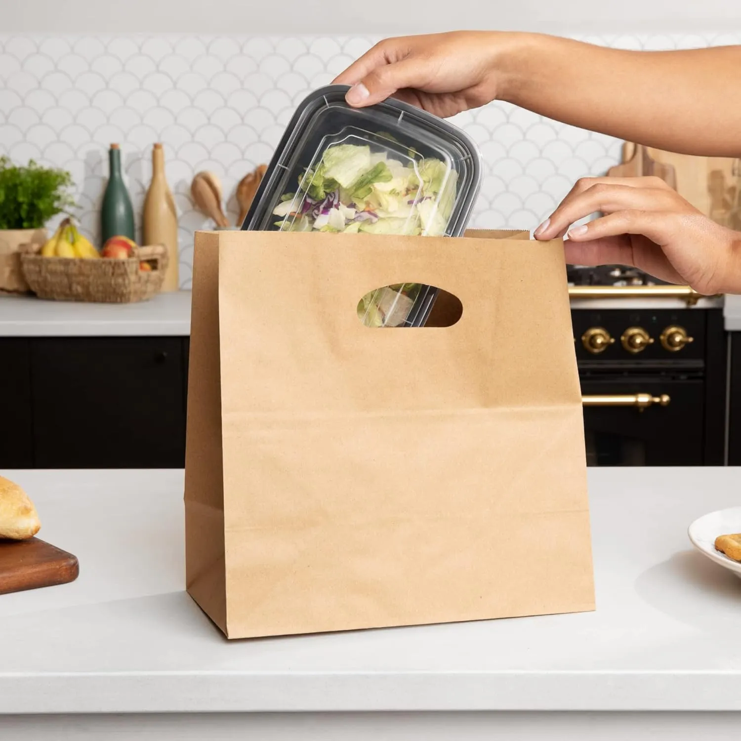 Natural Brown Kraft Paper Bags with Reinforced Handles - Sturdy Die Cut Tote Bag for Baby Shower, Gift, Food Service, Shopping, Small Business, Takeout, Bakery, Restaurants - 11" x 6" x 11", 50 Pack