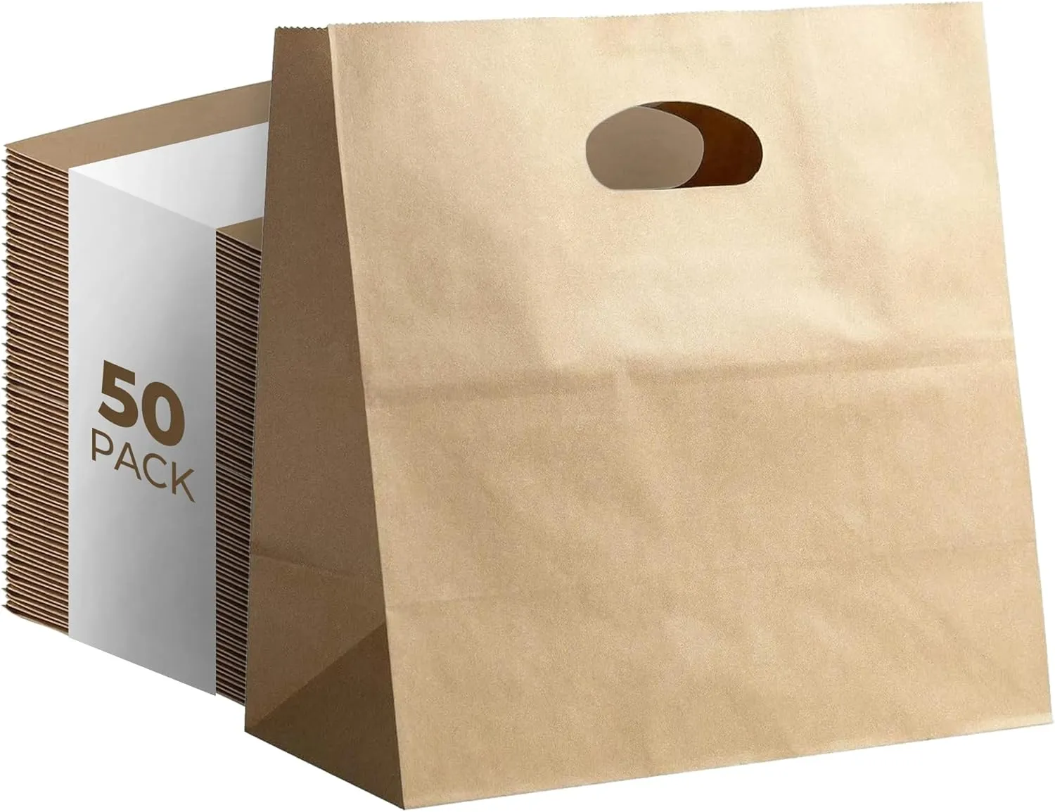 Natural Brown Kraft Paper Bags with Reinforced Handles - Sturdy Die Cut Tote Bag for Baby Shower, Gift, Food Service, Shopping, Small Business, Takeout, Bakery, Restaurants - 11" x 6" x 11", 50 Pack