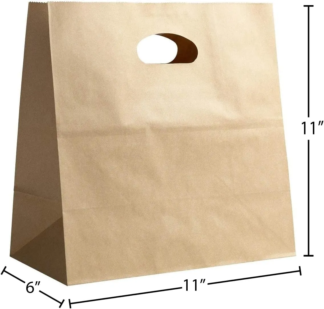 Natural Brown Kraft Paper Bags with Reinforced Handles - Sturdy Die Cut Tote Bag for Baby Shower, Gift, Food Service, Shopping, Small Business, Takeout, Bakery, Restaurants - 11" x 6" x 11", 500 Pack