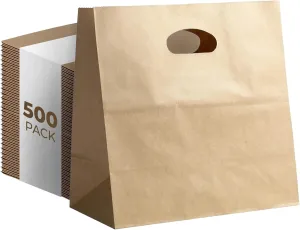 Natural Brown Kraft Paper Bags with Reinforced Handles - Sturdy Die Cut Tote Bag for Baby Shower, Gift, Food Service, Shopping, Small Business, Takeout, Bakery, Restaurants - 11" x 6" x 11", 500 Pack