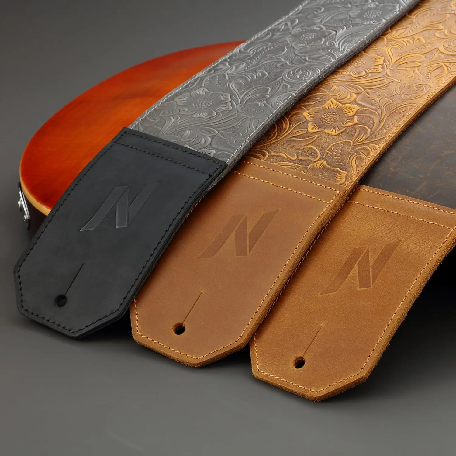 Nefelibata Guitar Strap,2.3" Wide Full-Grain Sculpted Leather Guitar Straps with Soft Padding for Bass, Electric & Acoustic Guitar (Sahara Yellow Embossed)