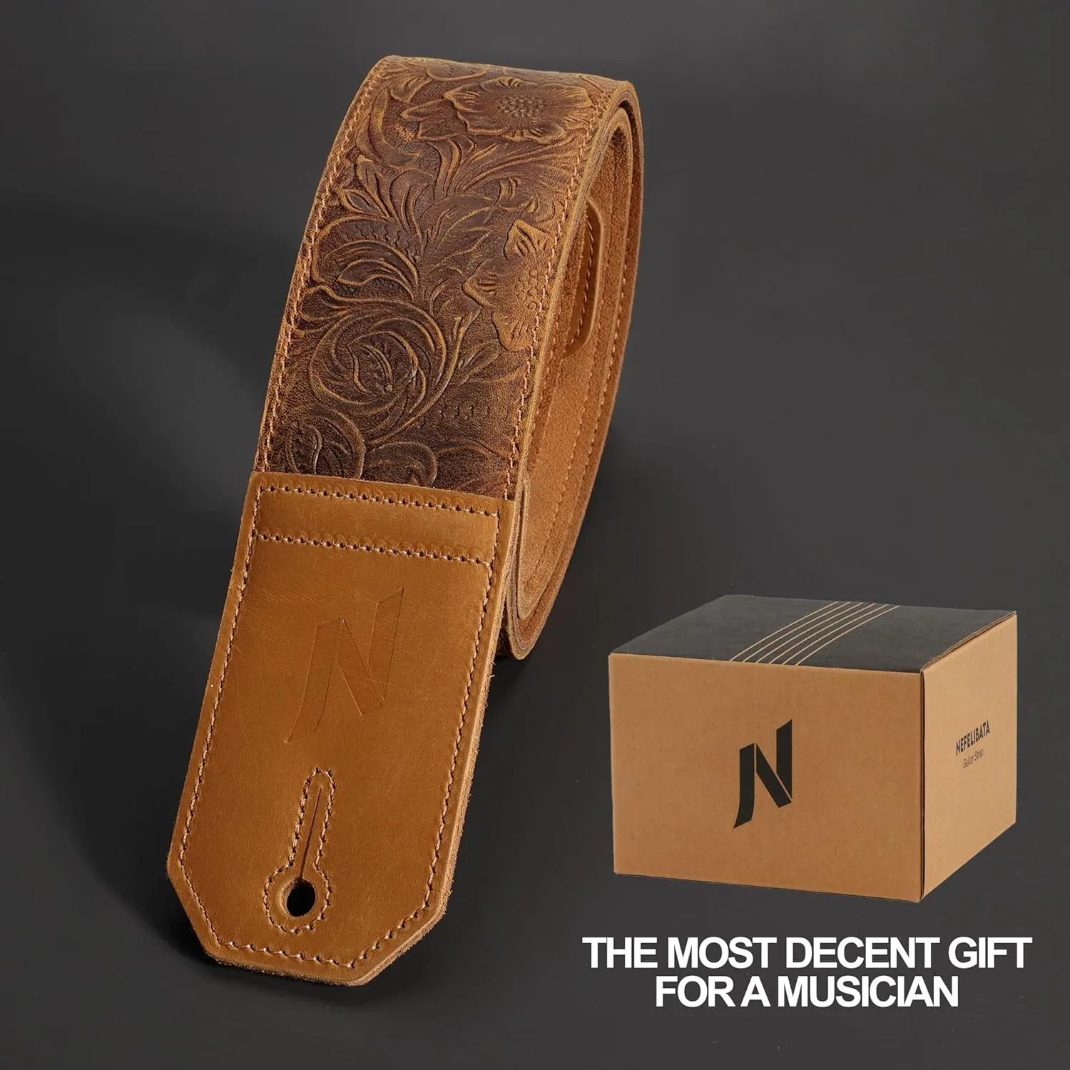 Nefelibata Guitar Strap,2.3" Wide Full-Grain Sculpted Leather Guitar Straps with Soft Padding for Bass, Electric & Acoustic Guitar (Sahara Yellow Embossed)