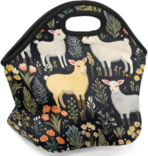 Neoprene Lunch Bags Animal Goat Flower Insulated Lunch Box Women Lunch Tote Bag Reusable Lunch Container Box Meal Prep Bags Washable Food Handbags for Work Picnic Travel