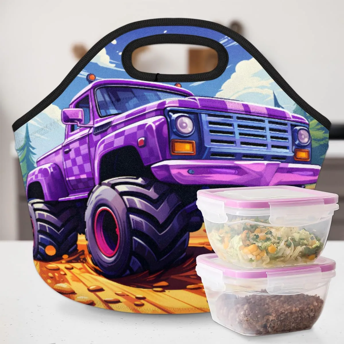 Neoprene Lunch Tote Bag Reusable Thermal Food Bag with Zipper Lunch Carry Handbag Office Outdoor Thermal Carrying Gourmet, Truck Monster Car