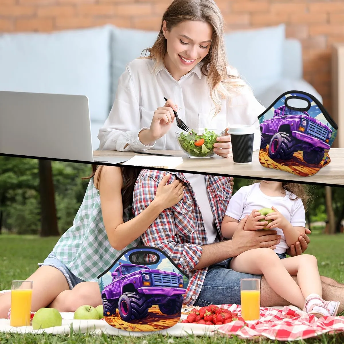 Neoprene Lunch Tote Bag Reusable Thermal Food Bag with Zipper Lunch Carry Handbag Office Outdoor Thermal Carrying Gourmet, Truck Monster Car