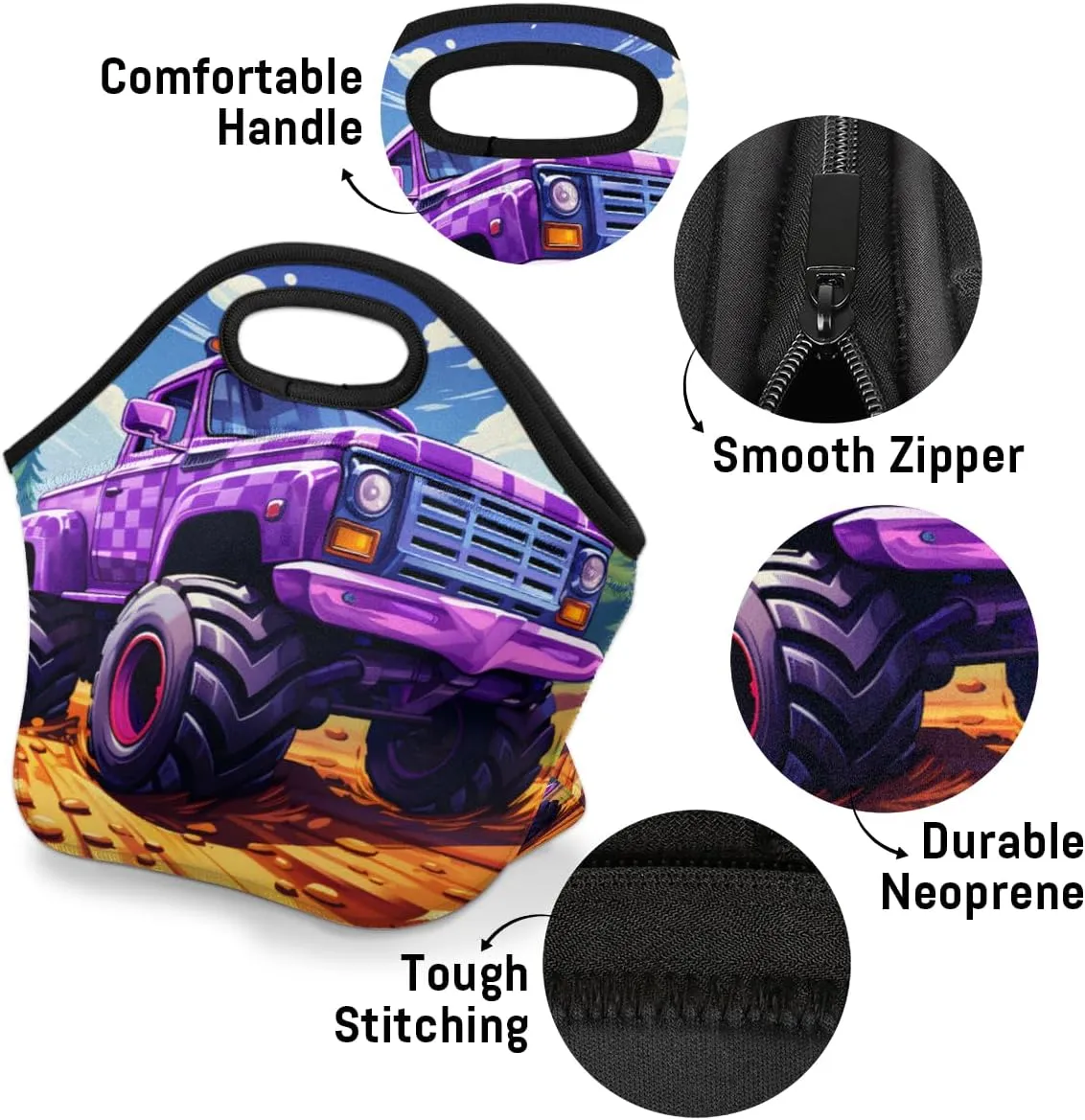 Neoprene Lunch Tote Bag Reusable Thermal Food Bag with Zipper Lunch Carry Handbag Office Outdoor Thermal Carrying Gourmet, Truck Monster Car