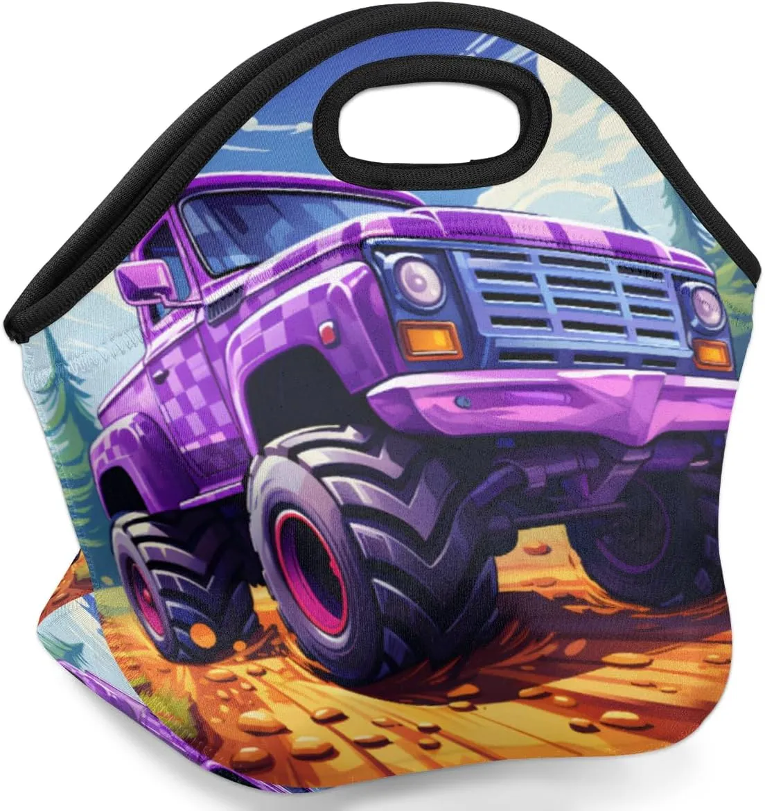 Neoprene Lunch Tote Bag Reusable Thermal Food Bag with Zipper Lunch Carry Handbag Office Outdoor Thermal Carrying Gourmet, Truck Monster Car