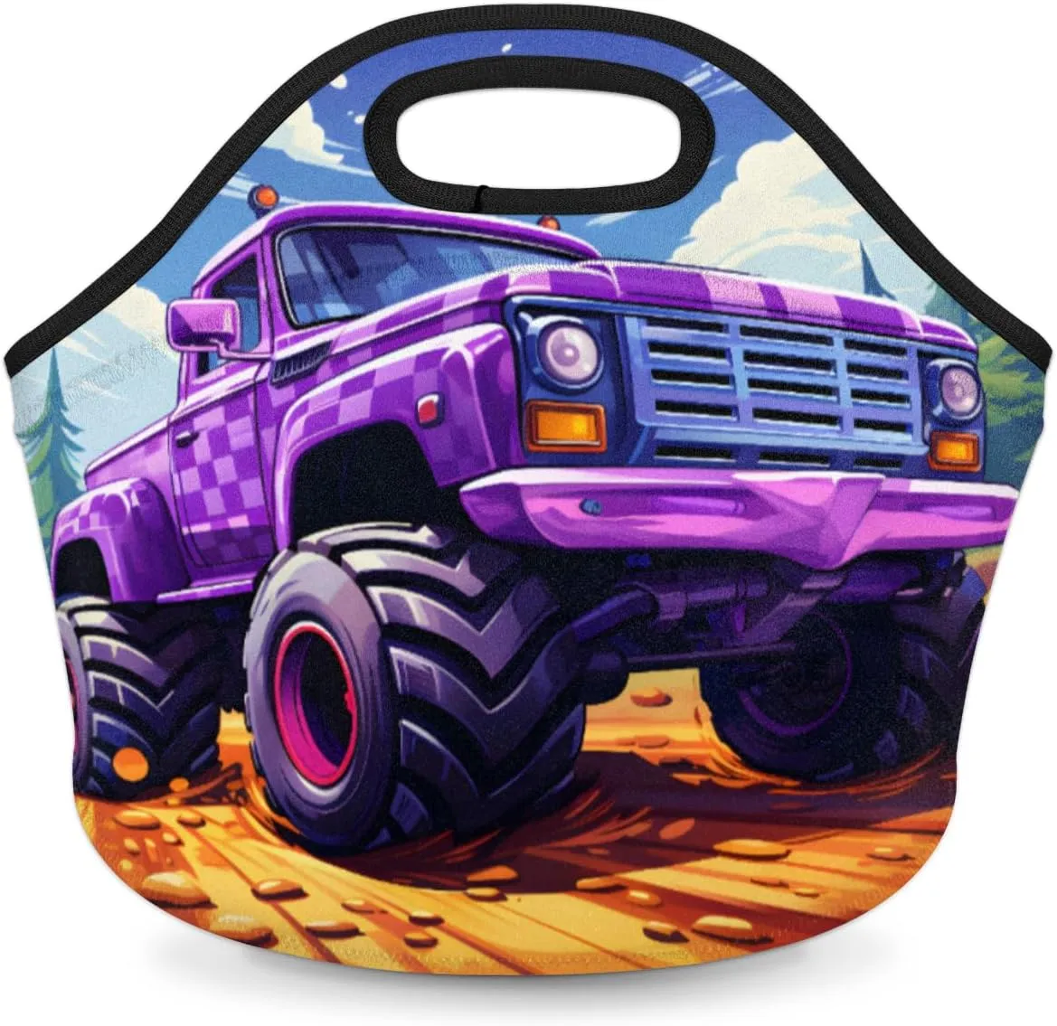 Neoprene Lunch Tote Bag Reusable Thermal Food Bag with Zipper Lunch Carry Handbag Office Outdoor Thermal Carrying Gourmet, Truck Monster Car
