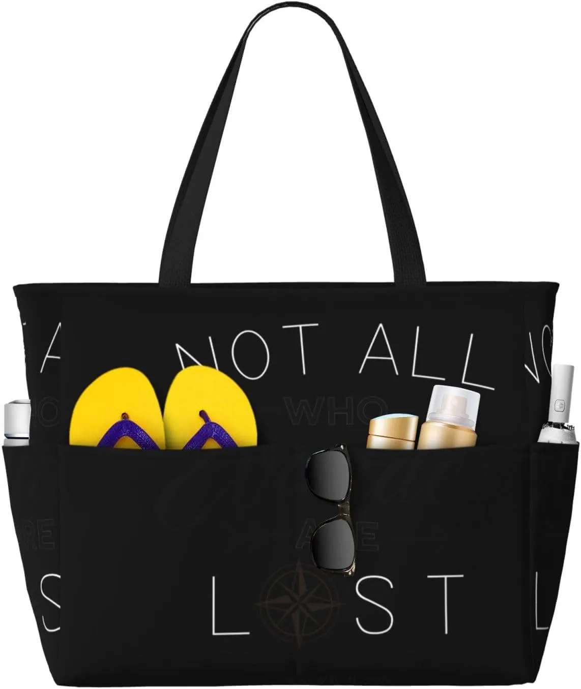 Not All Who Wander Design Large Beach Tote Bag for Women Extra Large Capacity Waterproof Sandproof Pool Bag Suitable for Gym Swimming Pool Travel Groceries