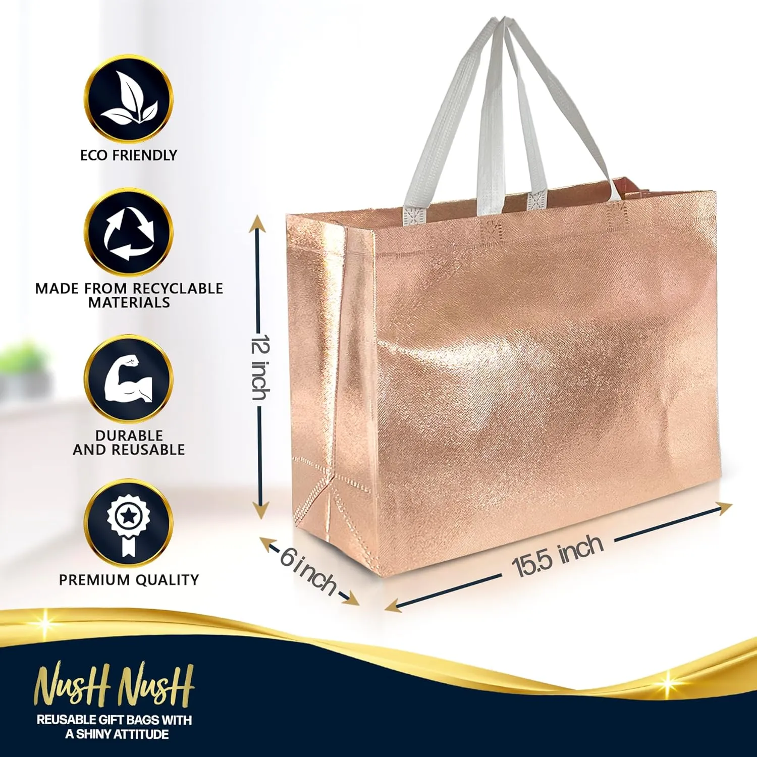 Nush Nush Rose Gold Gift Bags - Extra Large Size Set of 12 Reusable XL Gift Bags With Handles - 15.5Wx6Dx12H