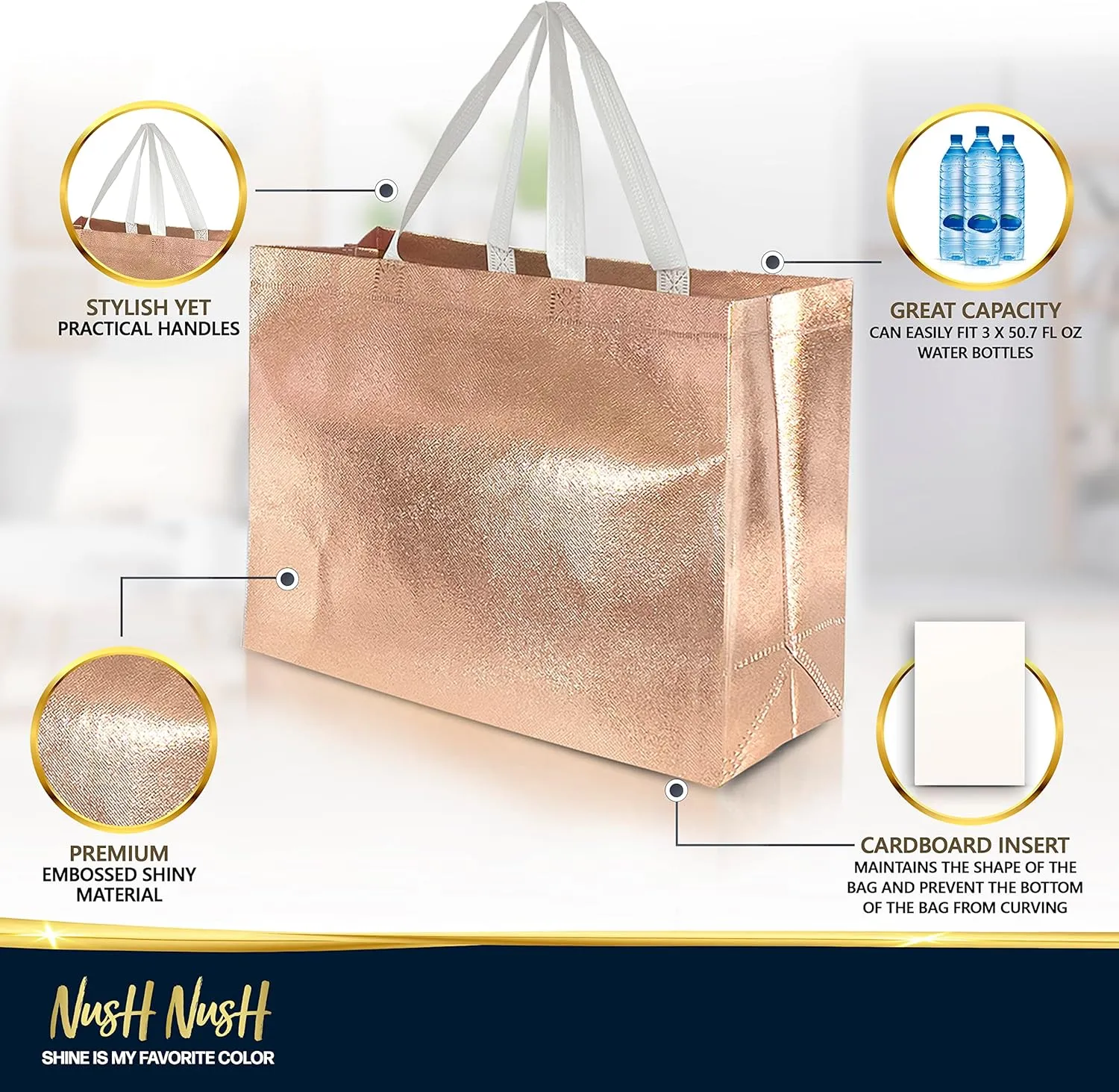 Nush Nush Rose Gold Gift Bags - Extra Large Size Set of 12 Reusable XL Gift Bags With Handles - 15.5Wx6Dx12H