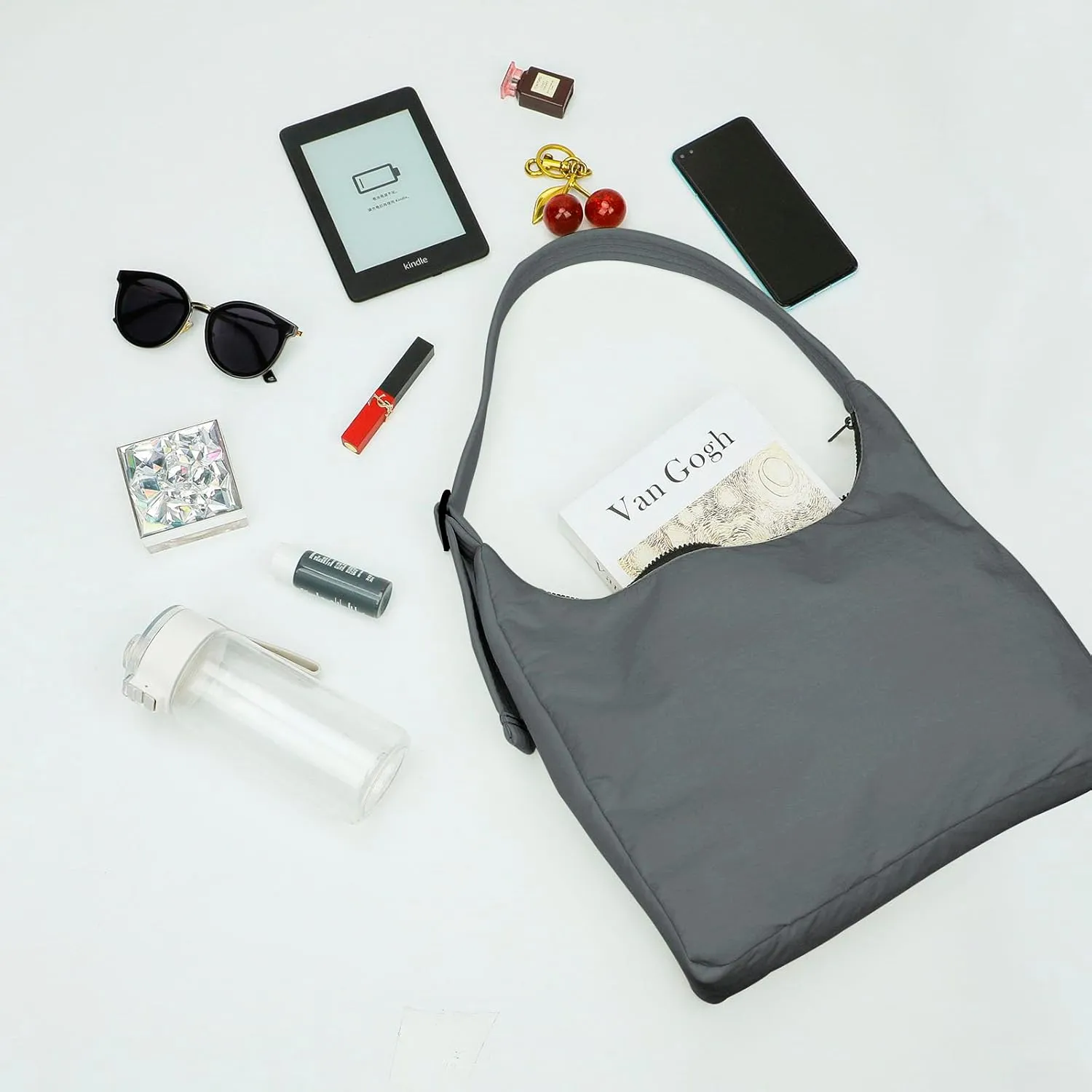 Nylon Shoulder Bag - Adjustable Quilted Strap, Structured Slouchy Design with Interior Zip Pocket