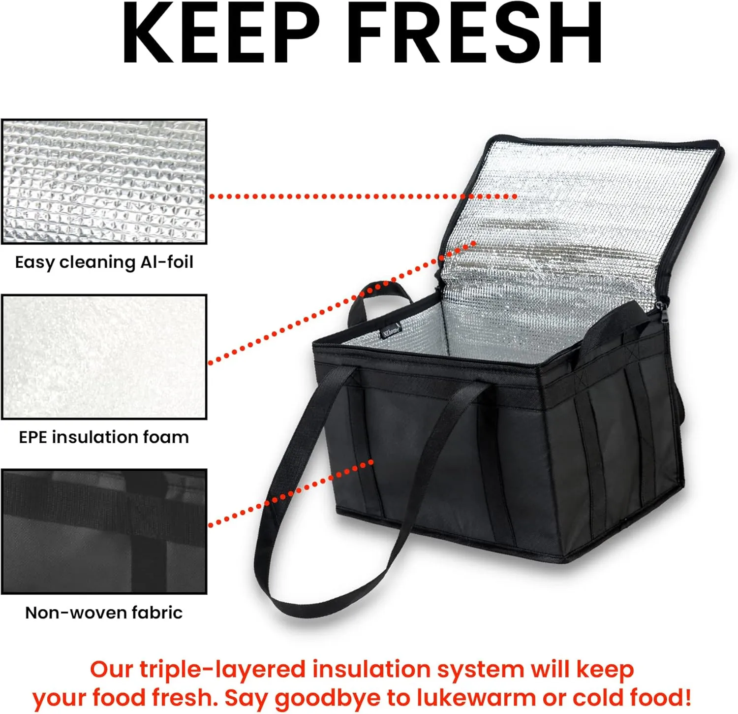NZ home Large Insulated Cooler Bag and Food Warmer for Delivery & Grocery Shopping with Zippered Top, Black (1 Pack)