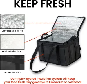 NZ home Large Insulated Cooler Bag and Food Warmer for Delivery & Grocery Shopping with Zippered Top, Black (1 Pack)