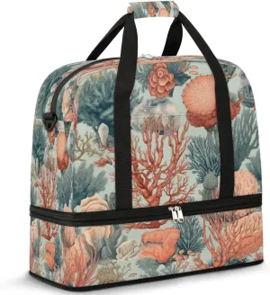 Oceanic Coral Print Travel Duffel Bag, Travel Essentials, Gym Bag for Women, Weekender Overnight Bag With Shoes Compartment, Carry On Bags for Airplanes