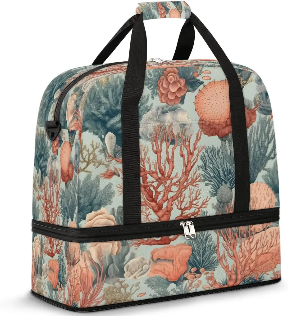 Oceanic Coral Print Travel Duffel Bag, Travel Essentials, Gym Bag for Women, Weekender Overnight Bag With Shoes Compartment, Carry On Bags for Airplanes